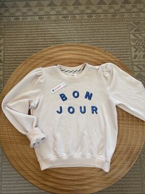 Sundry Cream Puff-Sleeve Sweatshirt with Blue 'BONJOUR' Letters